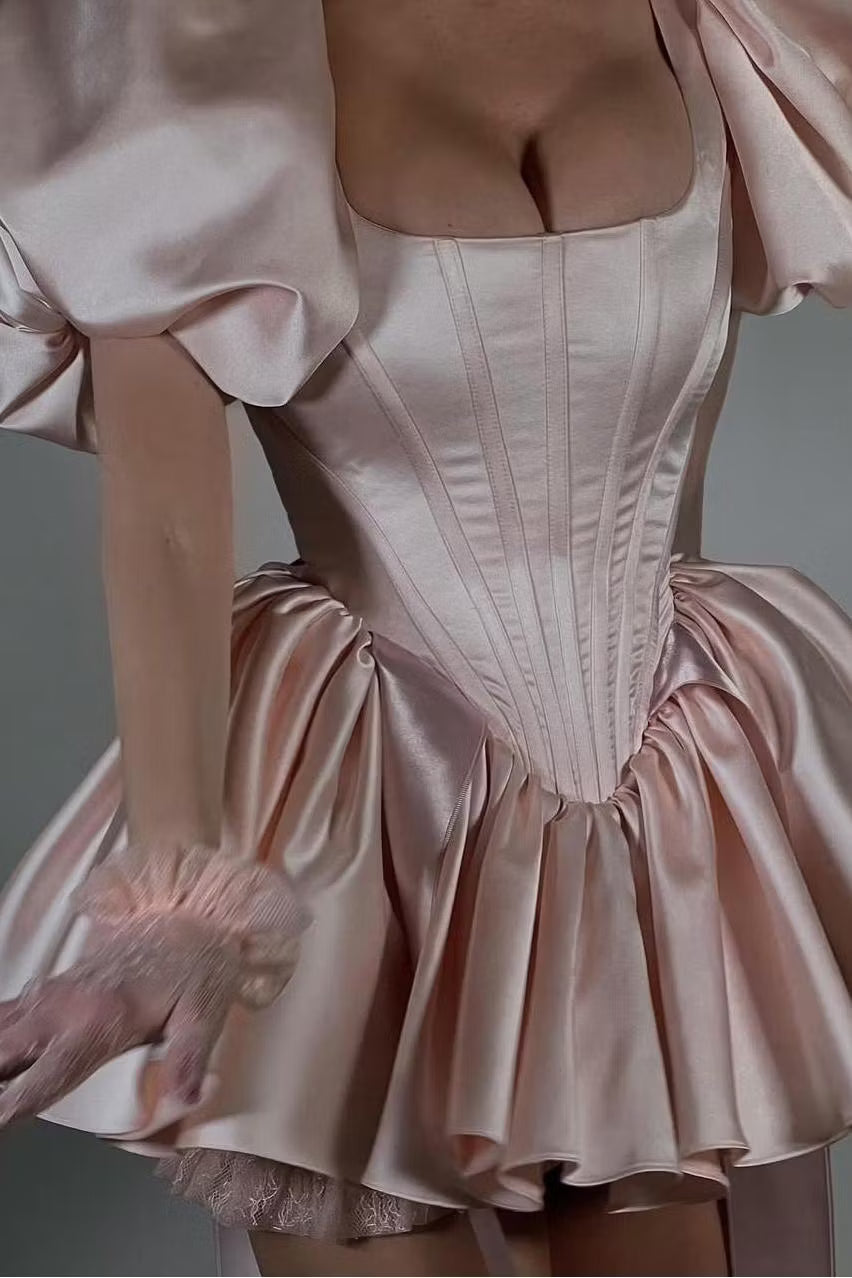 Whimsical A-Line Square Neck Puffy Sleeve Corset Ruffled Blush Pink Short Homecoming Dress