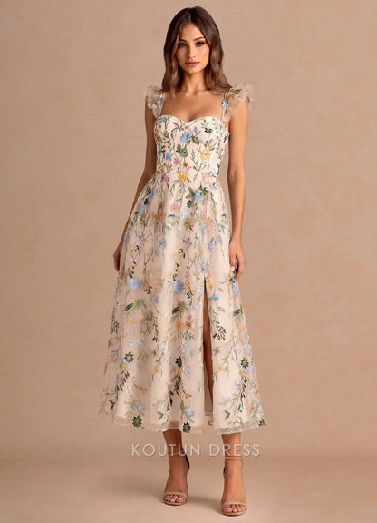 Whimsical A-Line Sweetheart Ruffled Floral Embroidered Champagne Midi Prom Dress