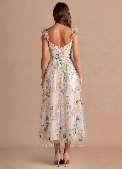 Whimsical A-Line Sweetheart Ruffled Floral Embroidered Champagne Midi Prom Dress