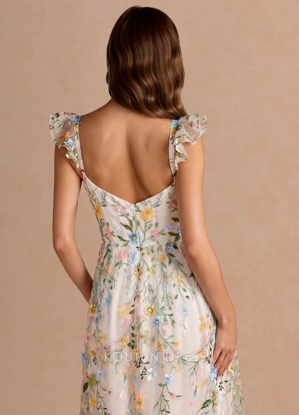 Whimsical A-Line Sweetheart Ruffled Floral Embroidered Champagne Midi Prom Dress