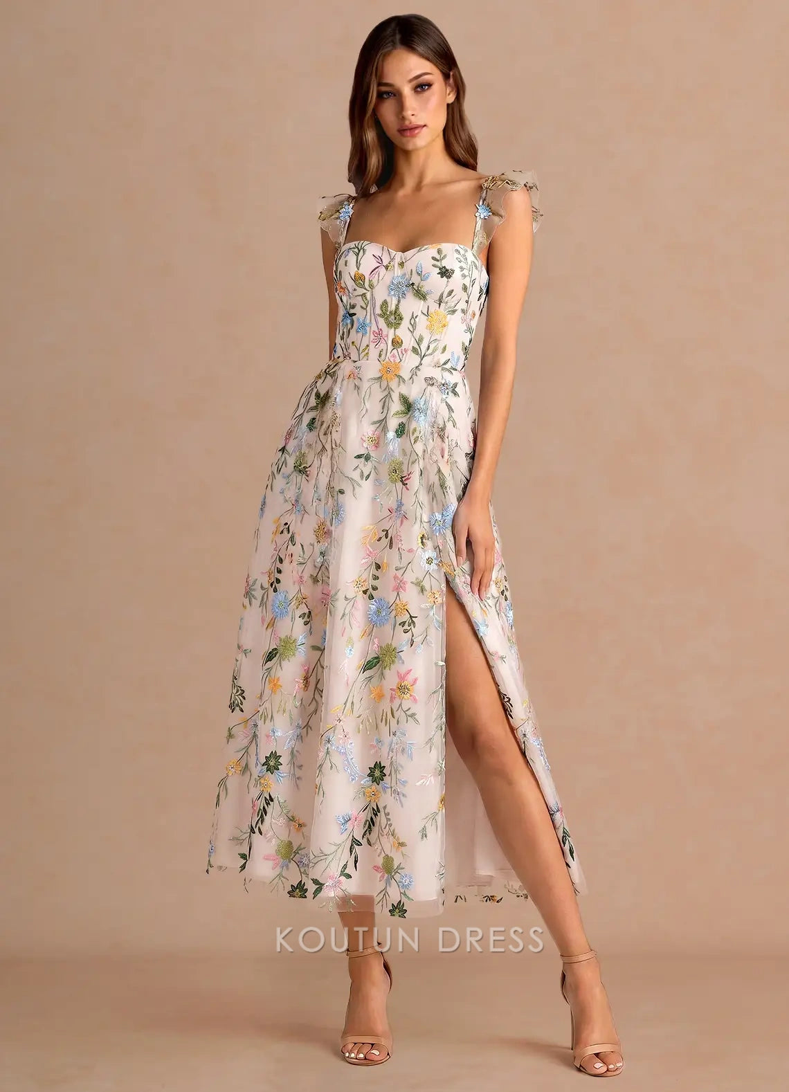 Whimsical A-Line Sweetheart Ruffled Floral Embroidered Champagne Midi Prom Dress