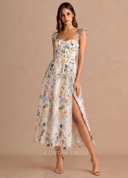 Whimsical A-Line Sweetheart Ruffled Floral Embroidered Champagne Midi Prom Dress