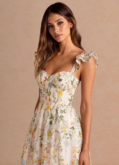 Whimsical A-Line Sweetheart Ruffled Floral Embroidered Champagne Midi Prom Dress