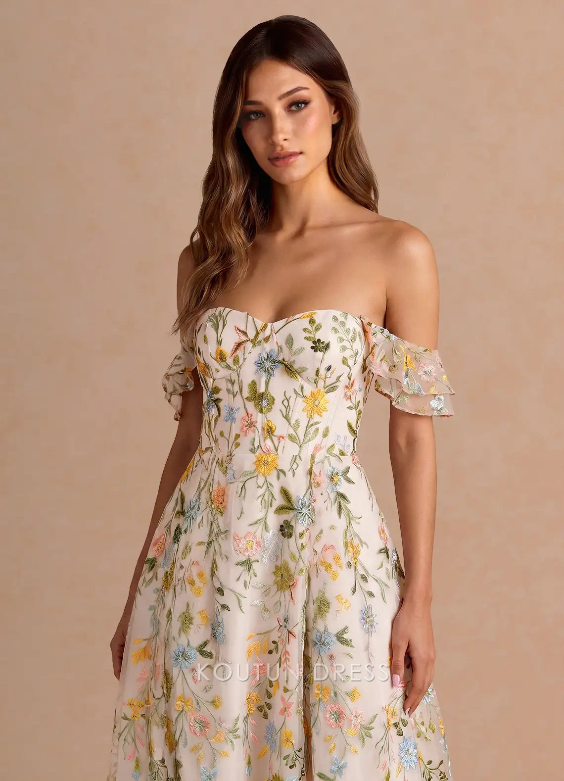 Whimsical A-Line Sweetheart Ruffled Floral Embroidered Champagne Midi Prom Dress