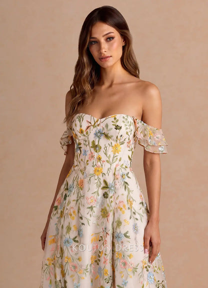 Whimsical A-Line Sweetheart Ruffled Floral Embroidered Champagne Midi Prom Dress