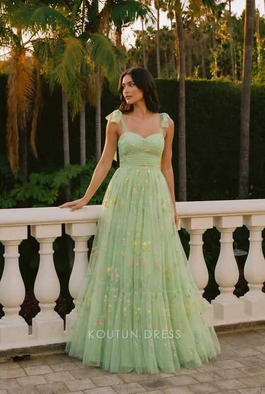 Whimsical A-Line Sweetheart Sleeveless Floral Tiered Mint Green Floor-Length Prom Gown