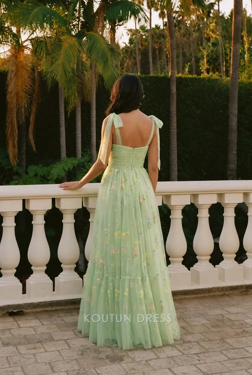 Whimsical A-Line Sweetheart Sleeveless Floral Tiered Mint Green Floor-Length Prom Gown