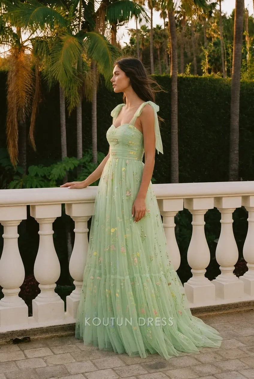 Whimsical A-Line Sweetheart Sleeveless Floral Tiered Mint Green Floor-Length Prom Gown