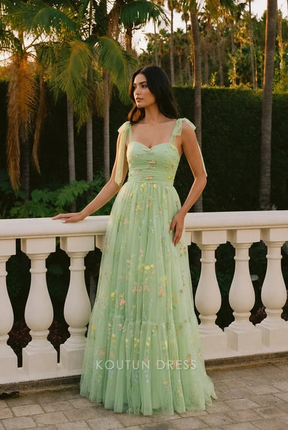 Whimsical A-Line Sweetheart Sleeveless Floral Tiered Mint Green Floor-Length Prom Gown