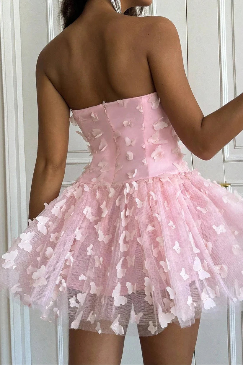 Whimsical A-Line Sweetheart Strapless Butterfly Appliqué Pink Short Homecoming Dresses