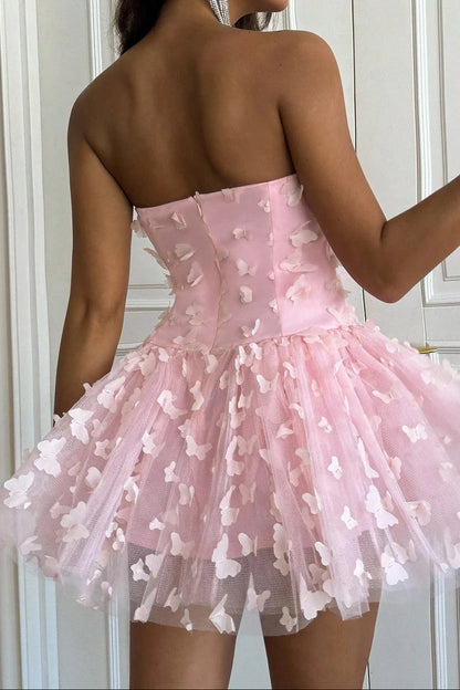 Whimsical A-Line Sweetheart Strapless Butterfly Appliqué Pink Short Homecoming Dresses