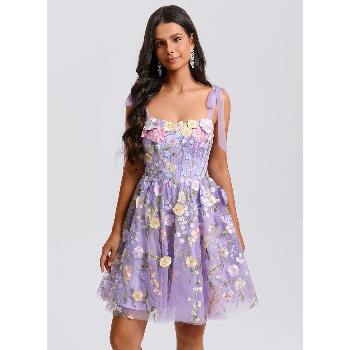 Whimsical A-Line Sweetheart Tie-Shoulder Sleeveless Floral Lavender Short Homecoming Dress