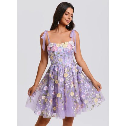 Whimsical A-Line Sweetheart Tie-Shoulder Sleeveless Floral Lavender Short Homecoming Dress