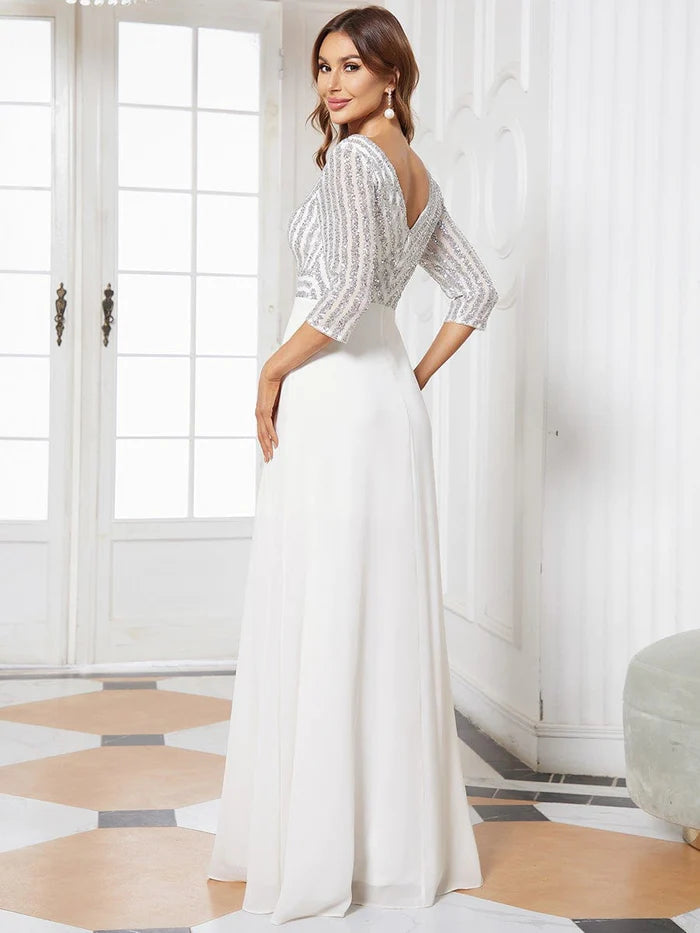Sexy V Neck Sequin Evening Dresses with 3/4 Sleeve