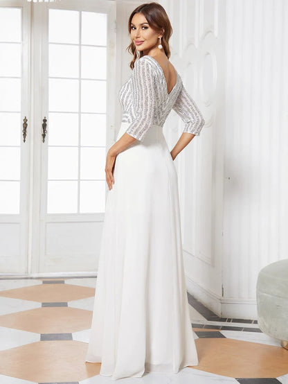 Sexy V Neck Sequin Evening Dresses with 3/4 Sleeve