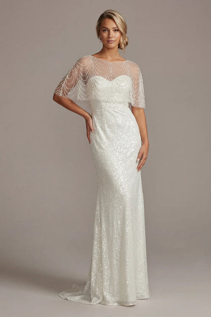 White Beaded Cape Prom Dress With Sequin Mermaid Skirt Formal Prom Dress