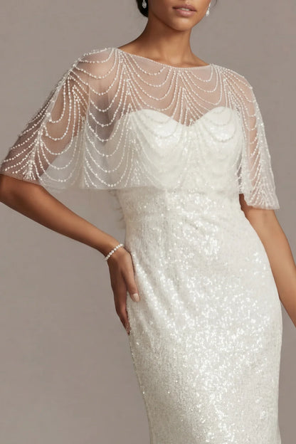 White Beaded Cape Prom Dress With Sequin Mermaid Skirt Formal Prom Dress