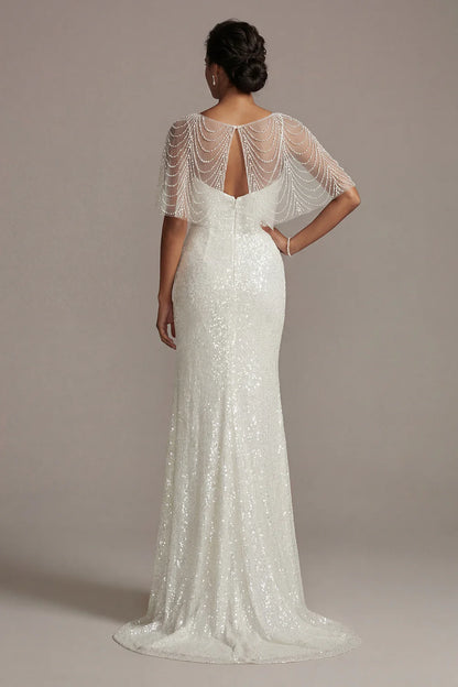 White Beaded Cape Prom Dress With Sequin Mermaid Skirt Formal Prom Dress