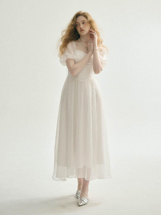 White Chiffon A Line Square Neck Puff Sleeve Tie Strap Corset Back Midi Length Formal Evening Prom Dress
