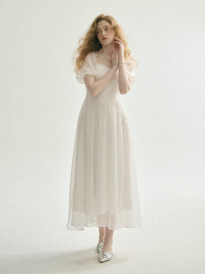 White Chiffon A Line Square Neck Puff Sleeve Tie Strap Corset Back Midi Length Formal Evening Prom Dress