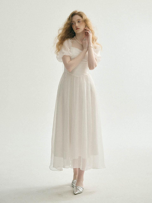 White Chiffon A Line Square Neck Puff Sleeve Tie Strap Corset Back Midi Length Formal Evening Prom Dress