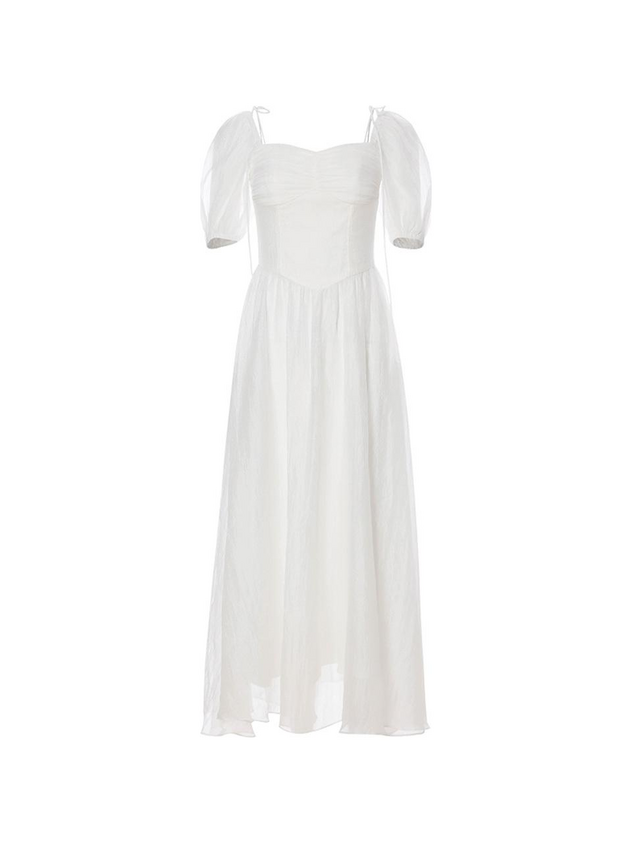 White Chiffon A Line Square Neck Puff Sleeve Tie Strap Corset Back Midi Length Formal Evening Prom Dress