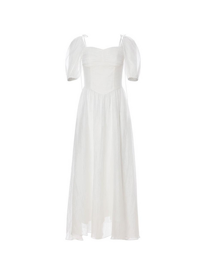 White Chiffon A Line Square Neck Puff Sleeve Tie Strap Corset Back Midi Length Formal Evening Prom Dress