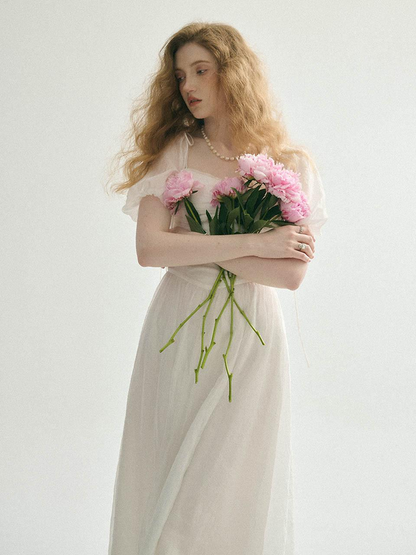 White Chiffon A Line Square Neck Puff Sleeve Tie Strap Corset Back Midi Length Formal Evening Prom Dress