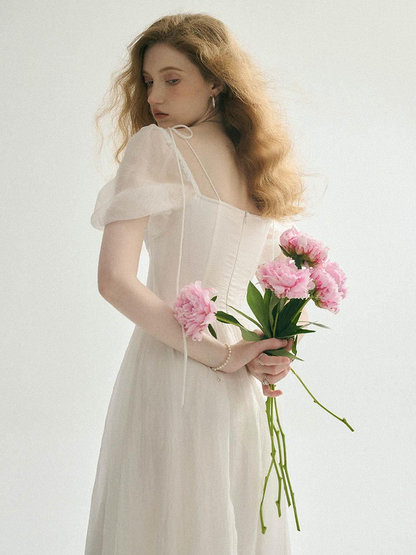 White Chiffon A Line Square Neck Puff Sleeve Tie Strap Corset Back Midi Length Formal Evening Prom Dress