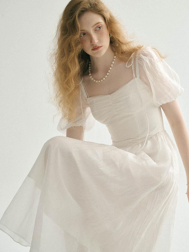 White Chiffon A Line Square Neck Puff Sleeve Tie Strap Corset Back Midi Length Formal Evening Prom Dress