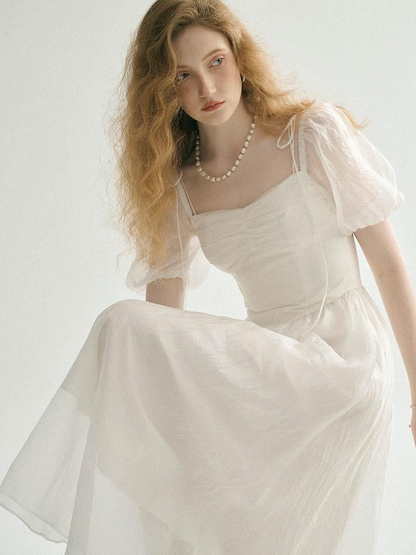 White Chiffon A Line Square Neck Puff Sleeve Tie Strap Corset Back Midi Length Formal Evening Prom Dress