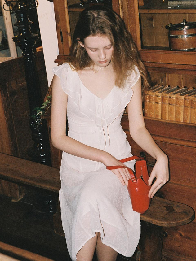White Chiffon A Line V Neck Ruffle Cap Sleeve Tie Waist Midi Length Formal Evening Prom Dress
