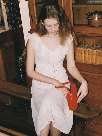 White Chiffon A Line V Neck Ruffle Cap Sleeve Tie Waist Midi Length Formal Evening Prom Dress