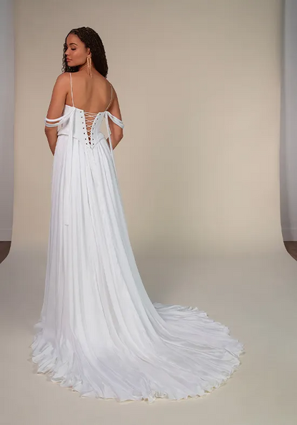 White Corset Spaghetti Strap Wedding Dress Off Shoulder Tie Straps Flowy Chiffon Bridal Gown With Train