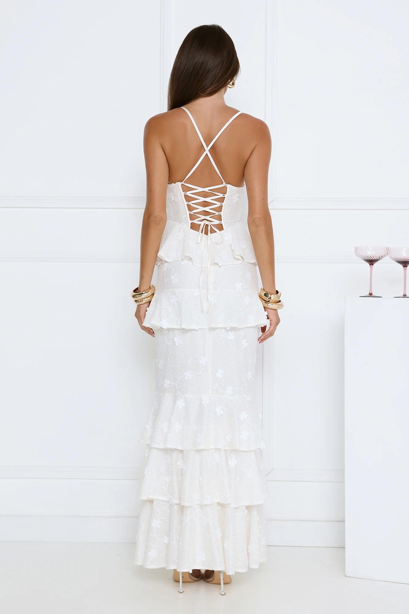 White Evening Dresses with Floral Lace Bustier Thin Straps Lace Up Back Tiered Ruffle Skirt and Side Slit