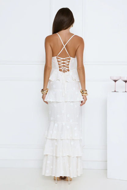 White Evening Dresses with Floral Lace Bustier Thin Straps Lace Up Back Tiered Ruffle Skirt and Side Slit