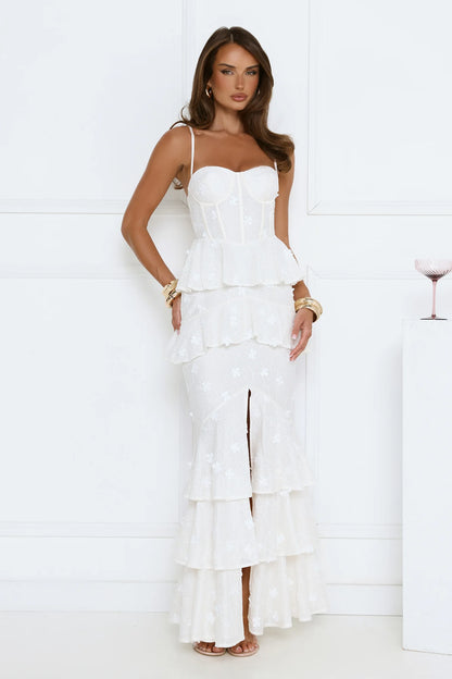 White Evening Dresses with Floral Lace Bustier Thin Straps Lace Up Back Tiered Ruffle Skirt and Side Slit