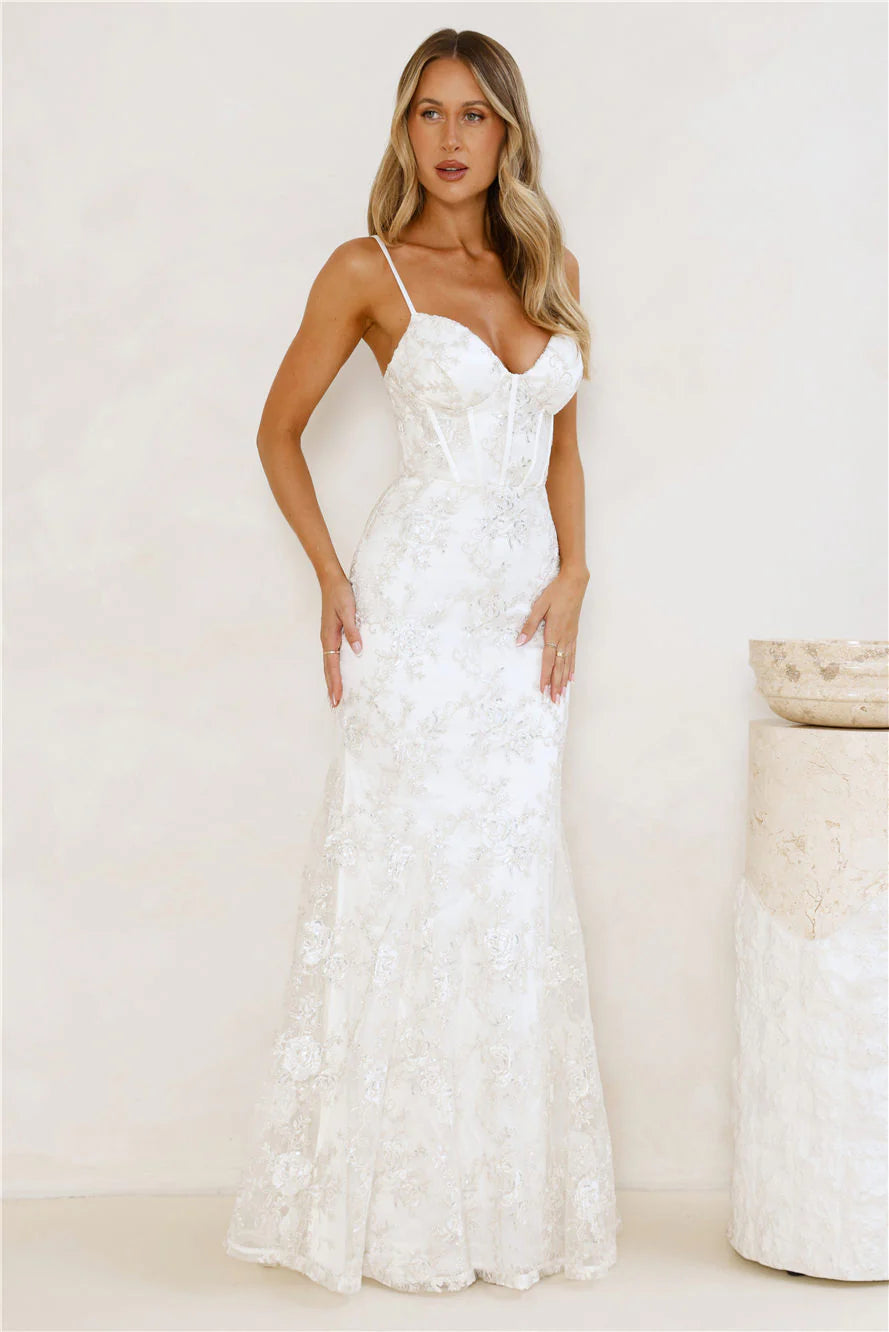 White Evening Dresses with Sequin Lace Bustier Thin Straps Lace Up Back Mermaid Train and Fitted Bodice