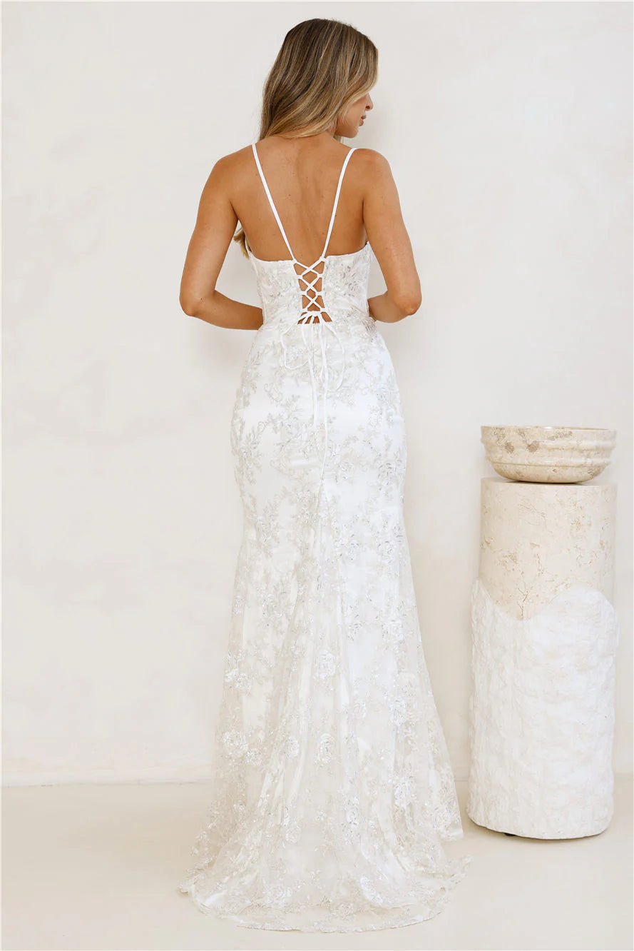 White Evening Dresses with Sequin Lace Bustier Thin Straps Lace Up Back Mermaid Train and Fitted Bodice