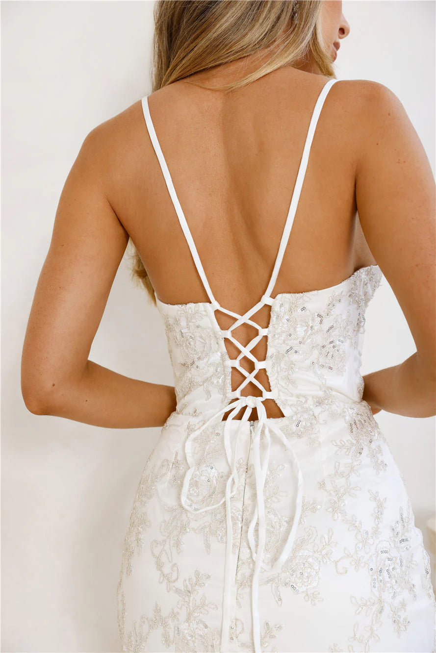 White Evening Dresses with Sequin Lace Bustier Thin Straps Lace Up Back Mermaid Train and Fitted Bodice