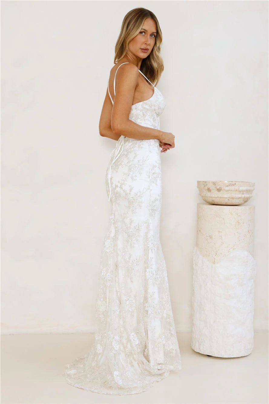 White Evening Dresses with Sequin Lace Bustier Thin Straps Lace Up Back Mermaid Train and Fitted Bodice