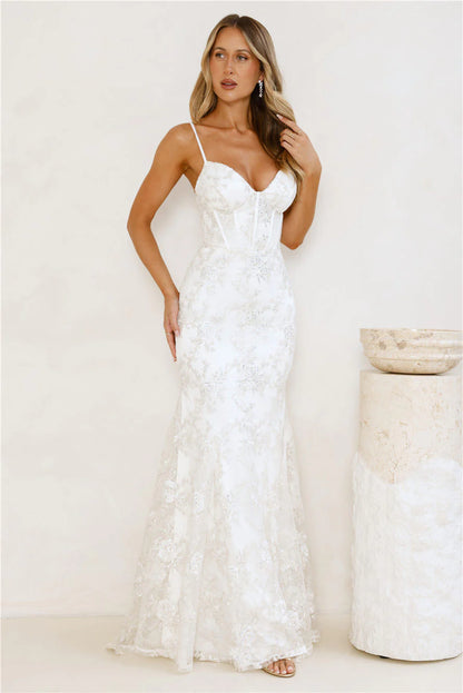 White Evening Dresses with Sequin Lace Bustier Thin Straps Lace Up Back Mermaid Train and Fitted Bodice