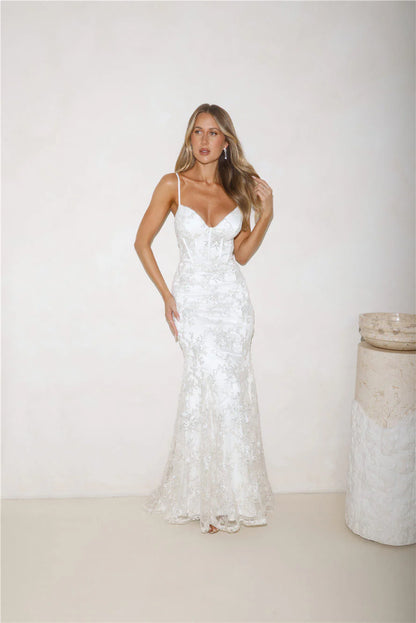 White Evening Dresses with Sequin Lace Bustier Thin Straps Lace Up Back Mermaid Train and Fitted Bodice
