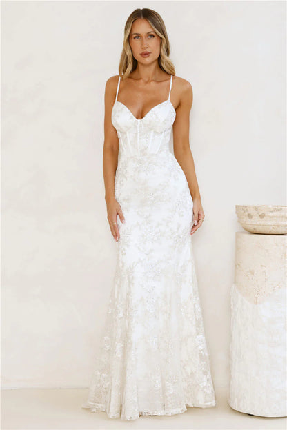 White Evening Dresses with Sequin Lace Bustier Thin Straps Lace Up Back Mermaid Train and Fitted Bodice