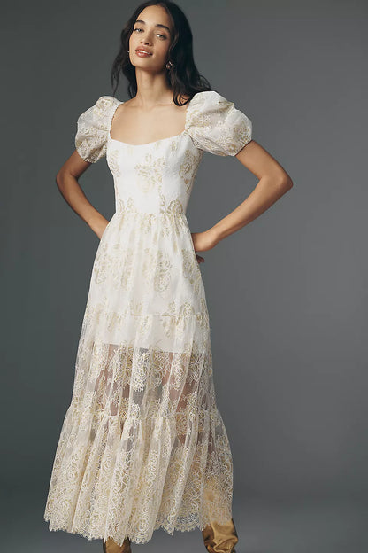 White Gold Floral Lace Puff Sleeve Square Neck Tiered Midi Prom Dress