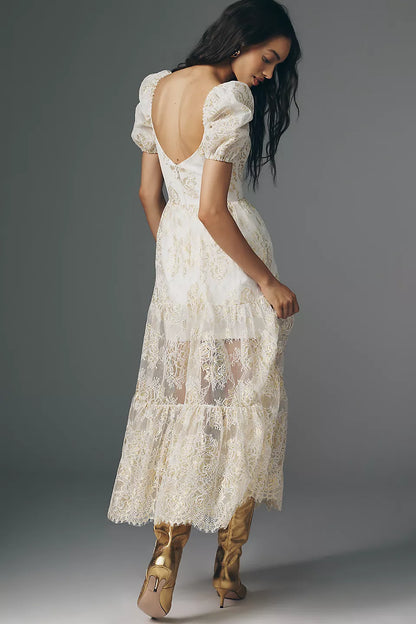 White Gold Floral Lace Puff Sleeve Square Neck Tiered Midi Prom Dress