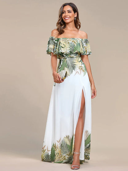 Summer Printed Chiffon Off the Shoulder A-Line Evening Dress