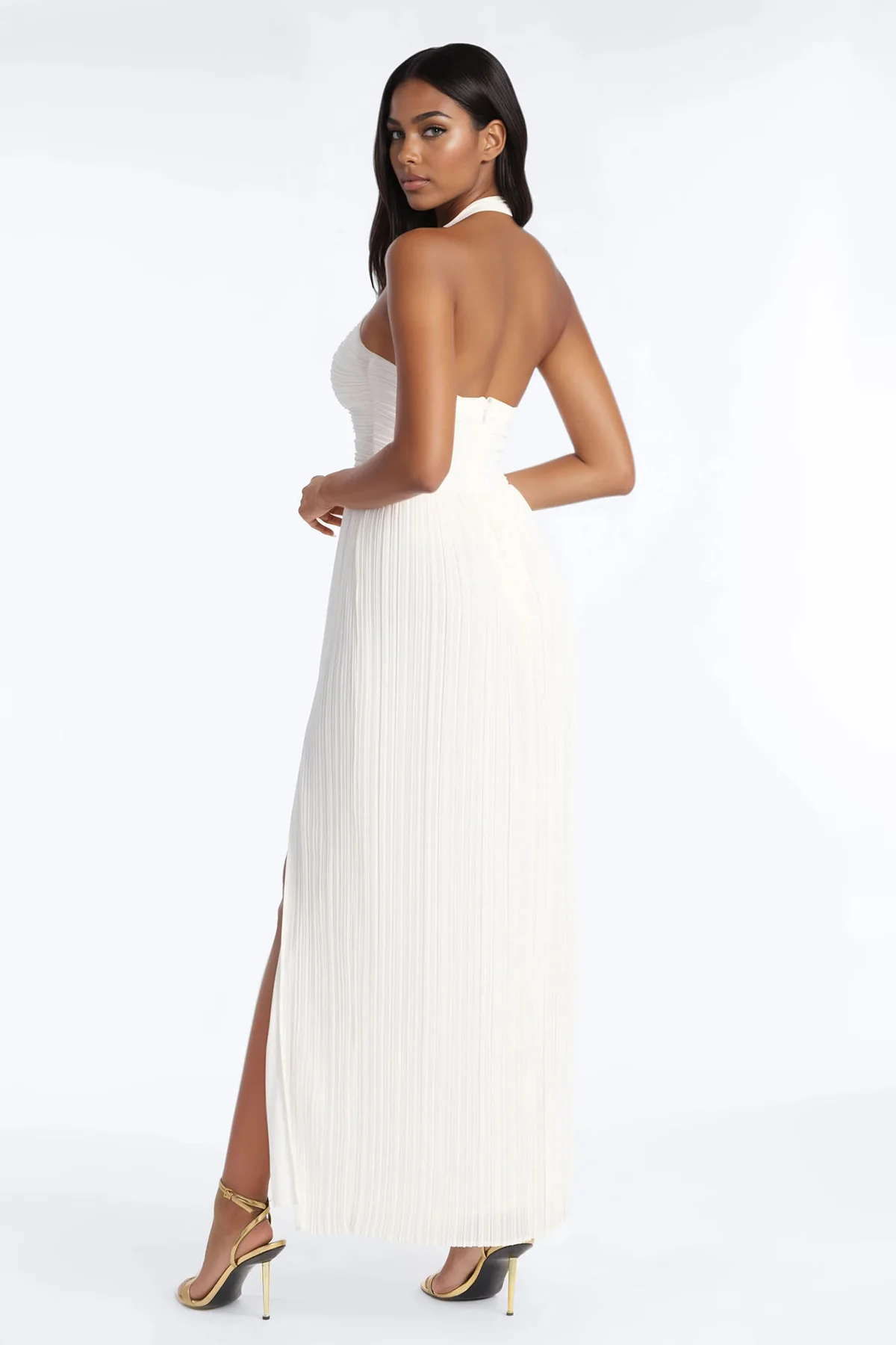 White Halter Cutout Pleated Slit Maxi Evening Dress