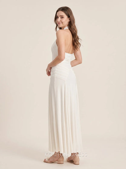 White Halter Neck Crisscross Front Pleated Waistband Flowy Jersey Floor Length Formal Evening Prom Dress