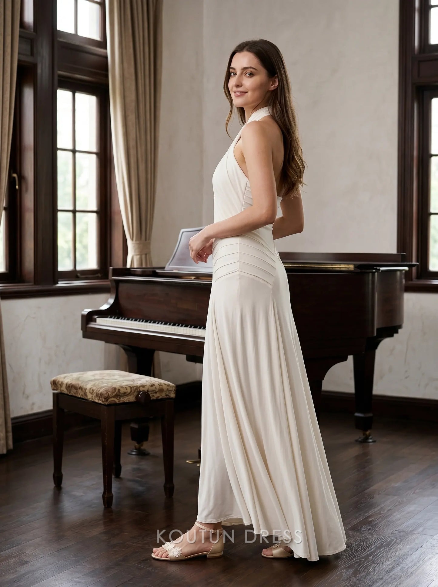 White Halter Neck Crisscross Front Pleated Waistband Flowy Jersey Floor Length Formal Evening Prom Dress